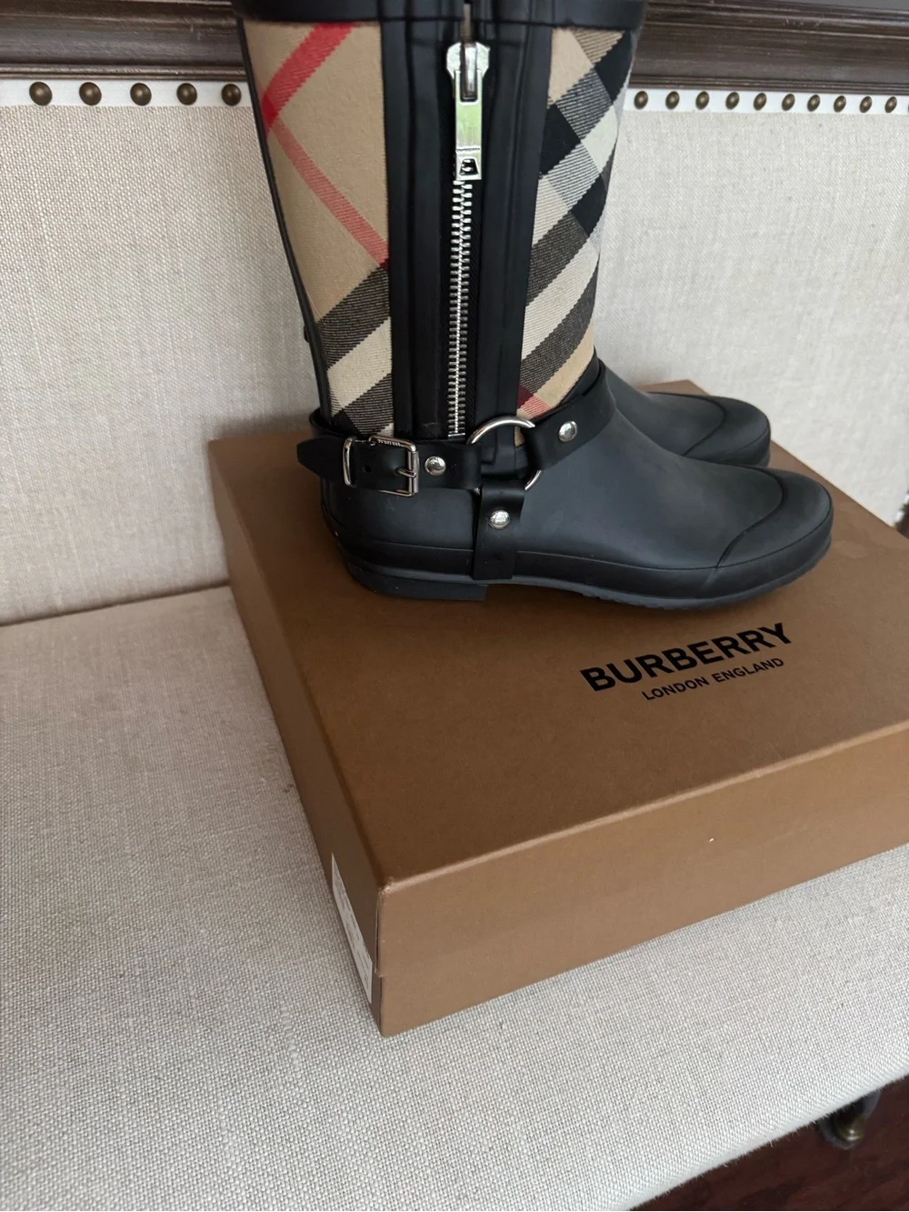Burberry Black Rubber & Beige Nova Check Mid-Calf Rain Boots